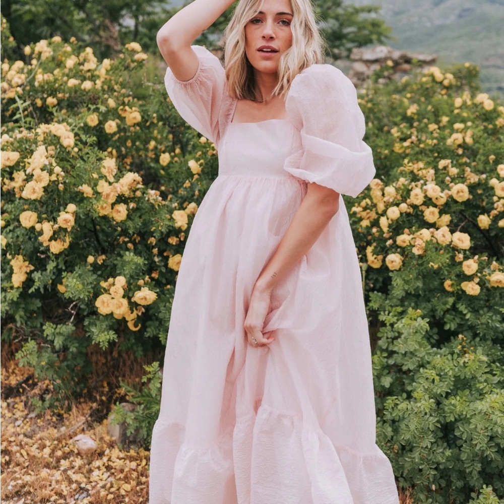 Pink Puff Sleeve Square Neck Maxi Dress for Weddings